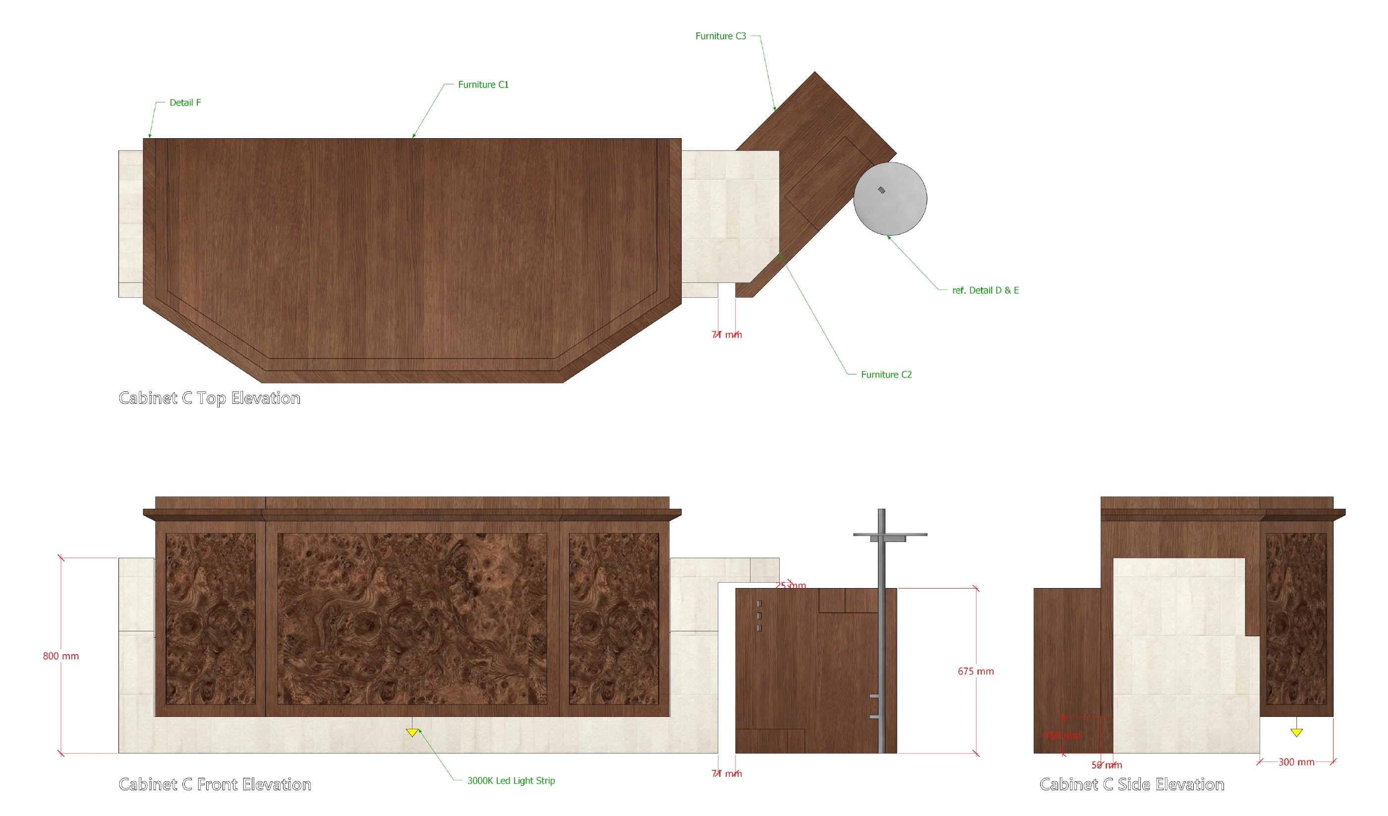 Lagree Atelier reception counter plan, front elevation and side elevation with material and dimension callouts