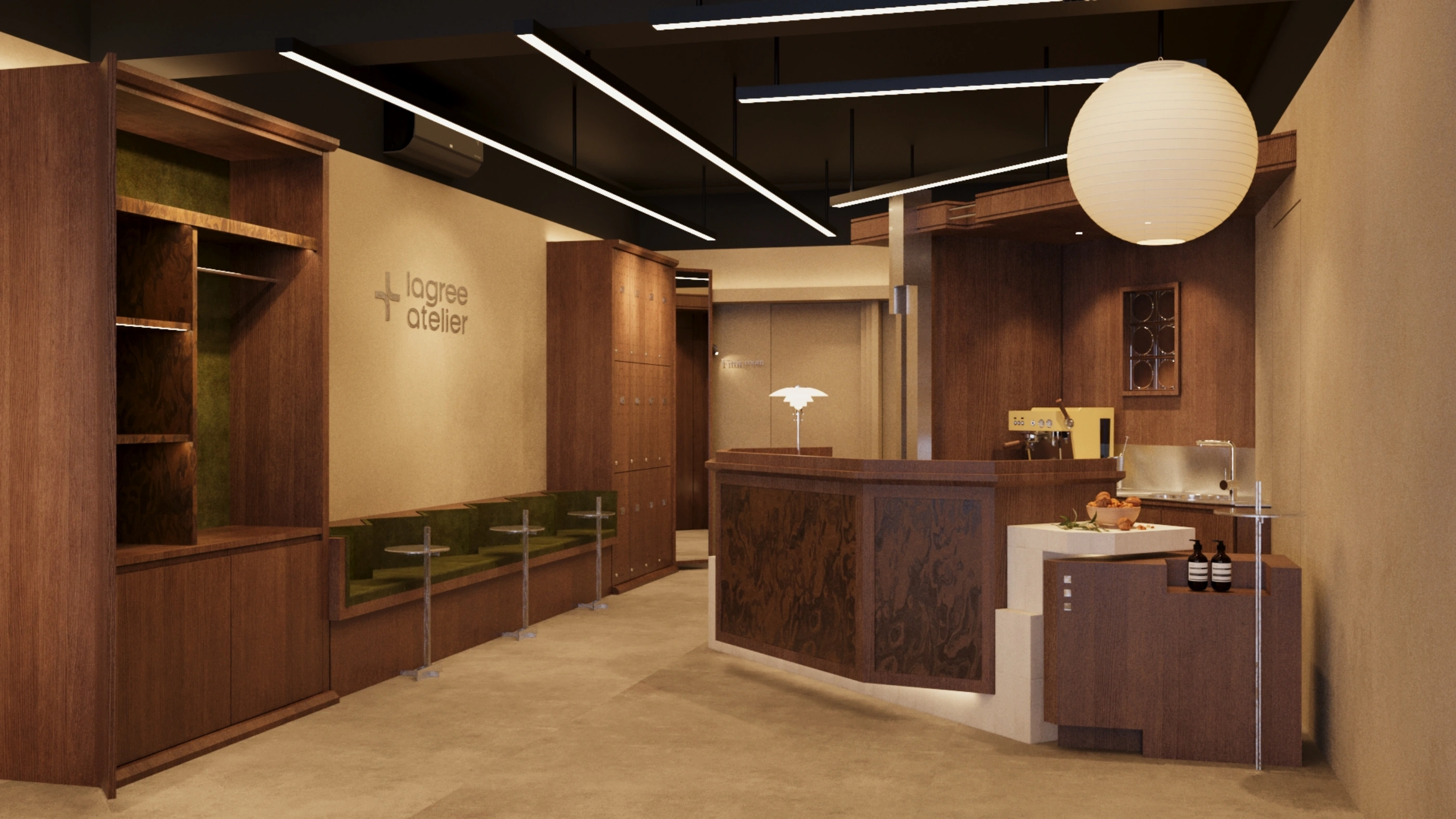 Lagree Atelier proposed reception, materials and lighting in the client-supplied 3D visual