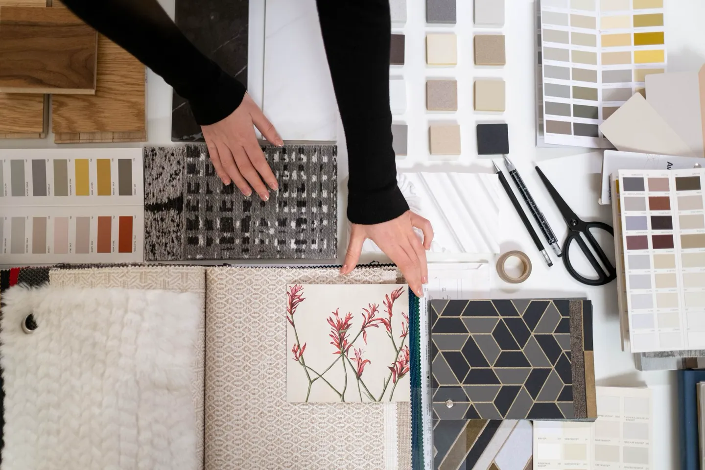 Interior material and colour samples arranged on a worktable
